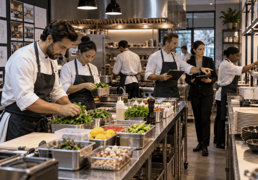 Chef or restaurant entrepreneur presenting a restaurant concept to two investors