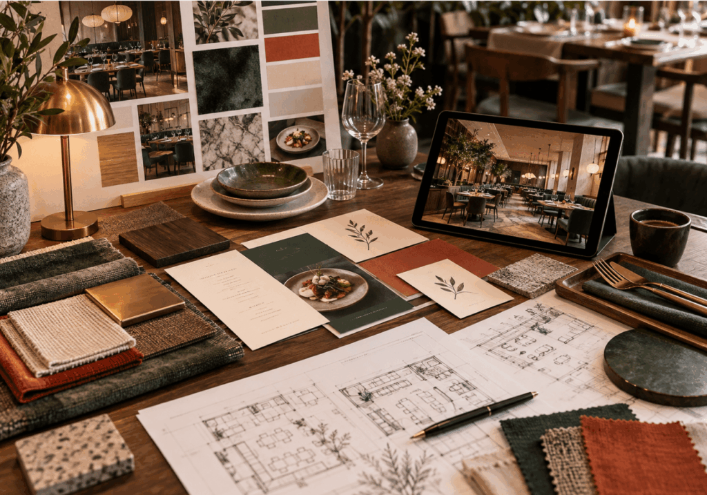 Overhead desk scene with restaurant floor plan, menu, financial notes, calculator and laptop