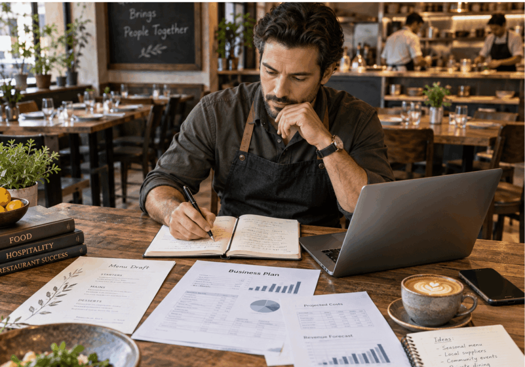 Restaurant owner or chef working on a business plan at a table, with laptop, notebook, calculator and subtle restaurant interior in background