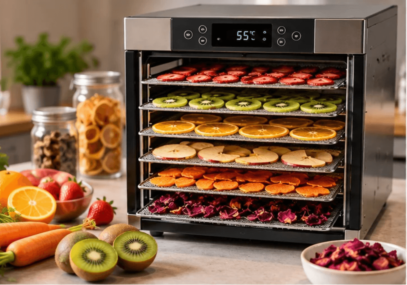 DEHYDRATOR,A food dehydrator is a device that removes moisture from food to help preserve it. It uses a heat source and airflow to reduce the water content of various foods