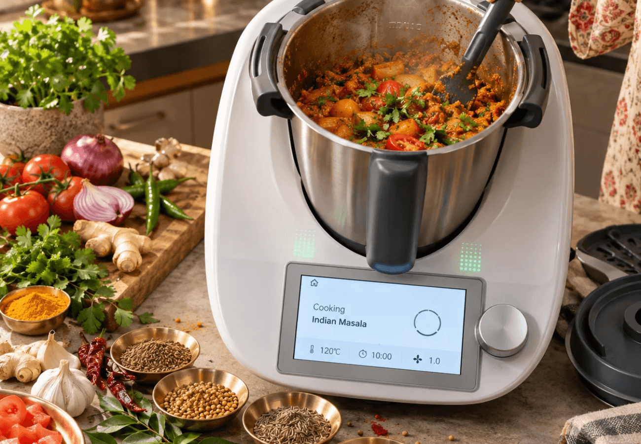 Thermomix cooking Indian masala curry with tomatoes, onions, turmeric, cumin, coriander, ginger and fresh herbs.