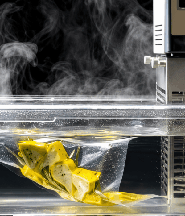 Sous Vide Cooking Equipment Sous vide cooking equipment with an immersion circulator heating a water bath containing vacuum-sealed food and herbs.