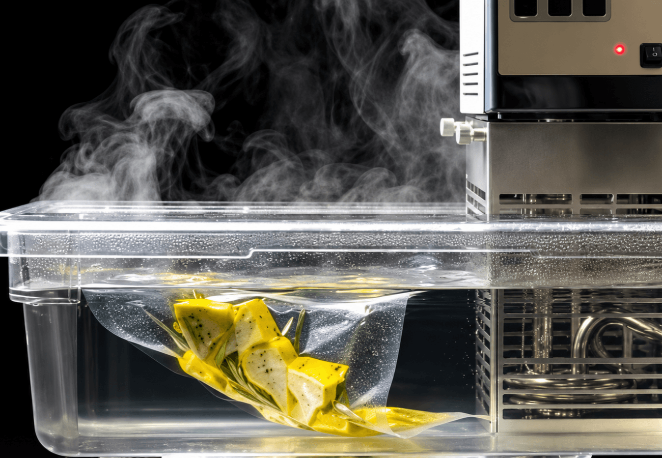 Sous vide cooking equipment with an immersion circulator heating a water bath containing vacuum-sealed food and herbs.