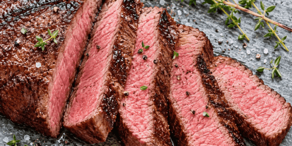 Sous Vide Steak After Searing Sliced sous vide steak with a browned crust and evenly pink interior, garnished with fresh thyme on a stone serving board.