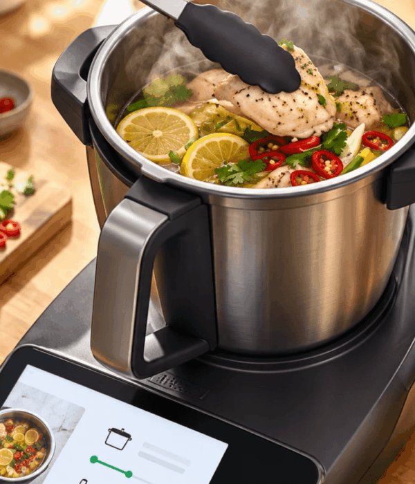 Thermomix Cooking with Ingredients Modern Thermomix-style cooking appliance preparing chicken with lemon, fresh herbs, vegetables and chillies in a heated mixing bowl.