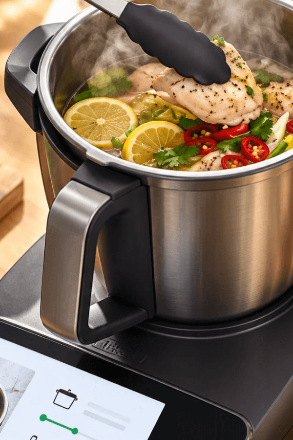 Modern Thermomix-style cooking appliance preparing chicken with lemon, fresh herbs, vegetables and chillies in a heated mixing bowl.