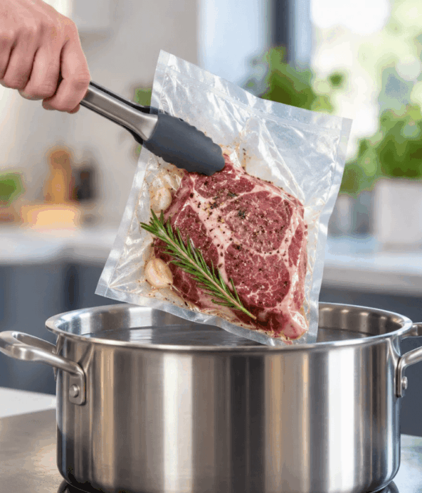 Vacuum-Sealed Steak Preparation Vacuum-sealed raw steak with rosemary and garlic being lowered into a water bath for sous vide cooking.