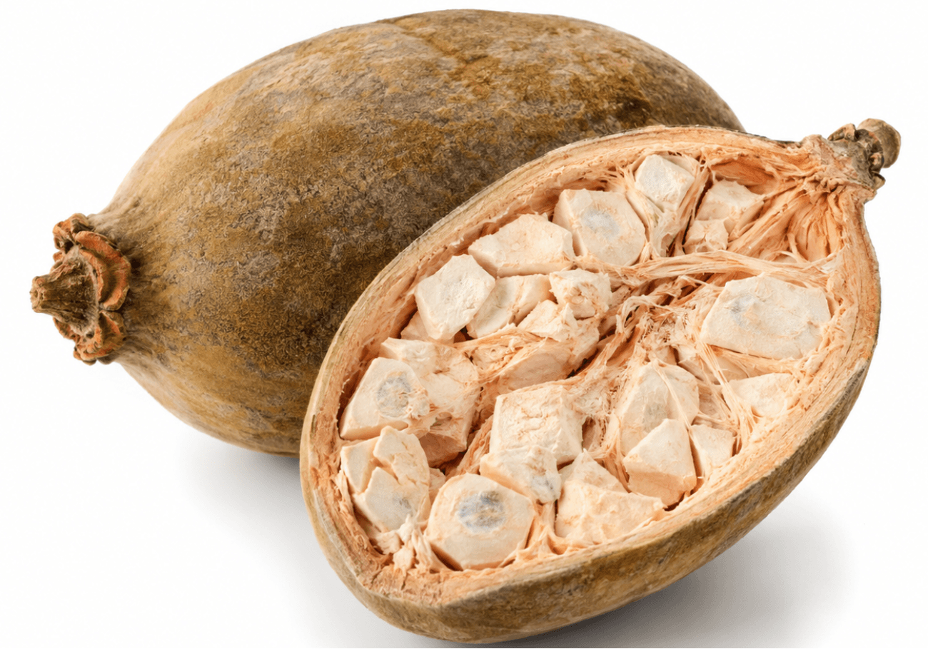 Baobab fruit pod cut open showing the dry white pulp inside