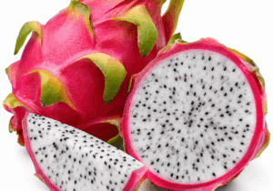 Pink dragon fruit with white flesh and black seeds, shown whole and sliced