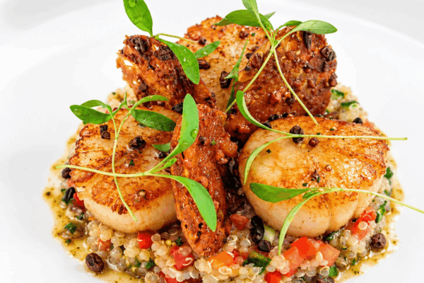 PAN SEARED DIVER SEA SCALLOPS,QUINOA SALAD, ORANGE AND ALMOND TUILE, CURRY HAZELNUT DRESSING, ROASTED COCOA NIBBS