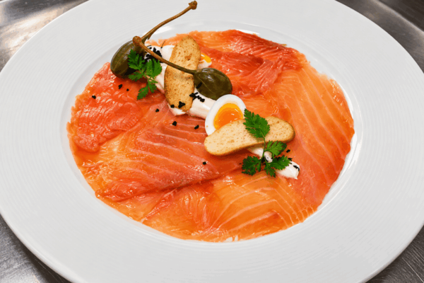 Mild-Smoked Kenmare Salmon, Aspall Cyder Cream Cheese, Soft-Boiled Quail Egg, Caper Berries and Ficelle Croutons