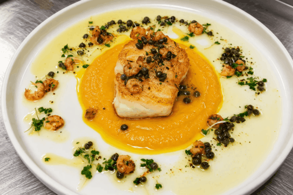 Sautéed North Sea Cod, Butternut Purée, Shrimp and Caper Butter