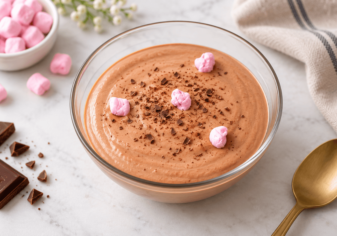 Easy chocolate mousse recipe with marshmallows and chocolate shavings