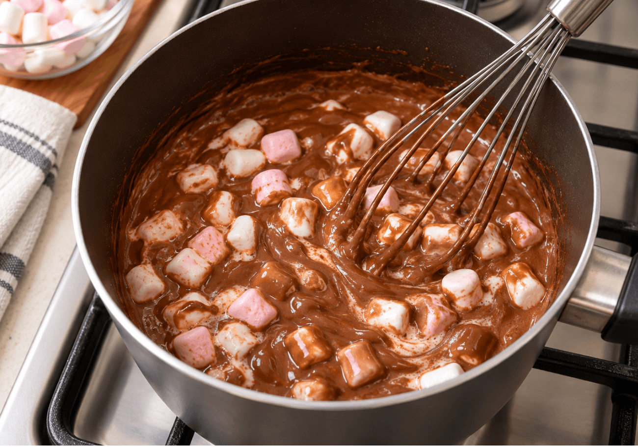 Marshmallows melting into chocolate mixture for homemade chocolate mousse