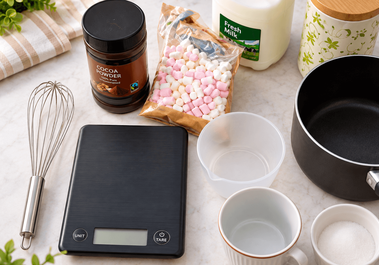 Ingredients for chocolate mousse recipe with cocoa marshmallows milk sugar and eggs