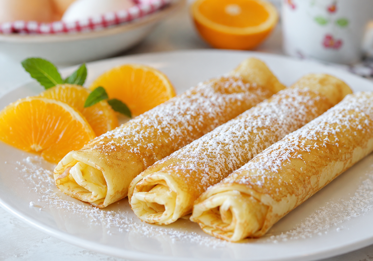 French crepe recipe served rolled with powdered sugar and orange
