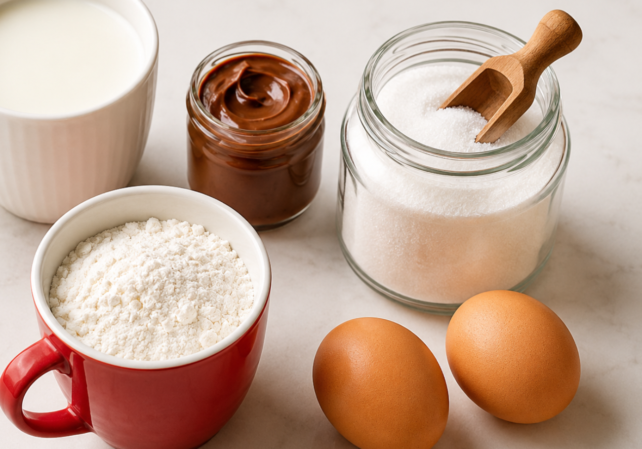 Ingredients for French crepe recipe with flour, eggs, milk, sugar and Nutella