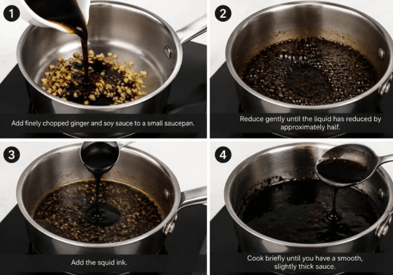 Ginger soy sauce with squid ink prepared for sea trout confit