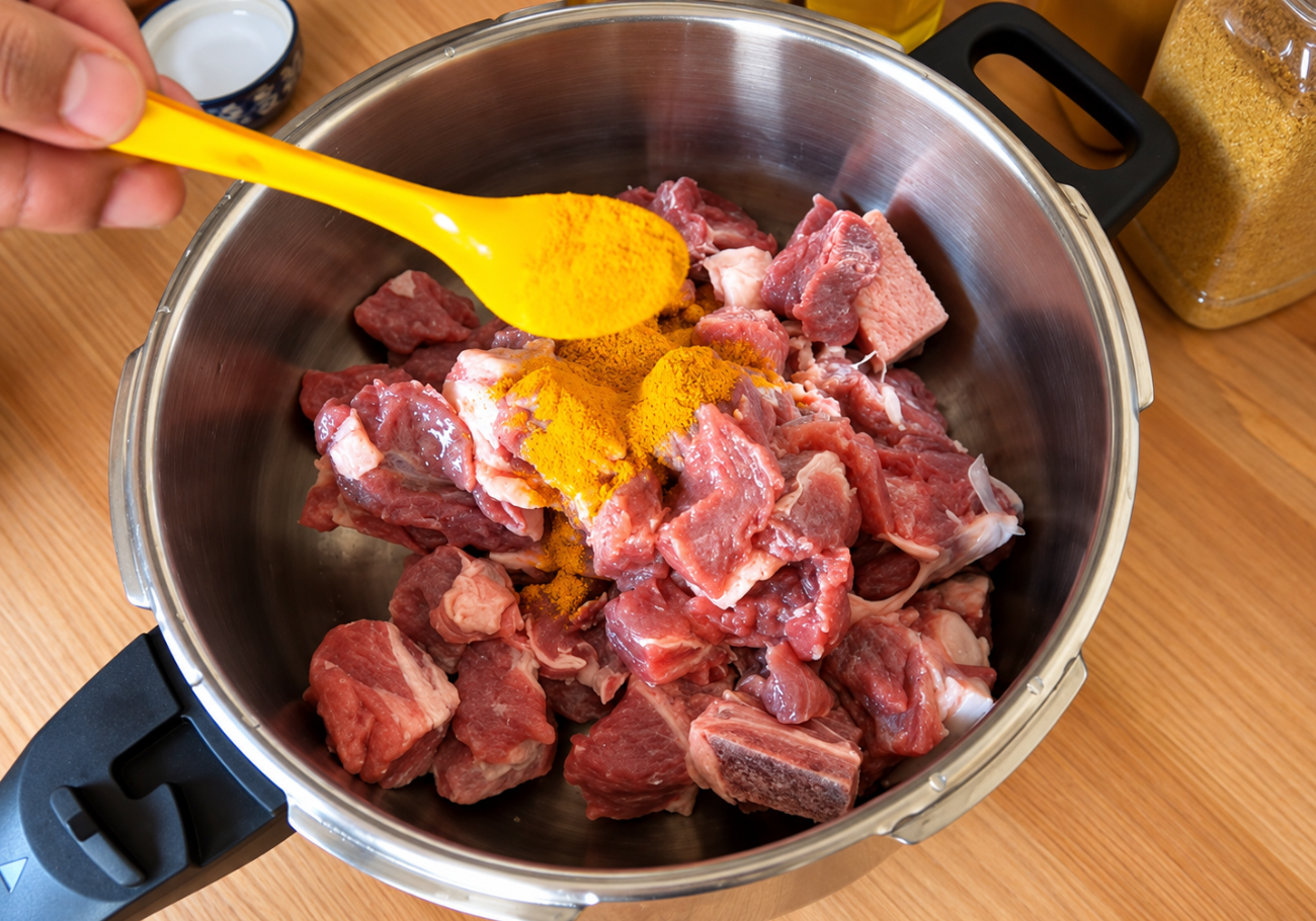 Beef seasoned with turmeric and spices for Kerala kappa beef curry
