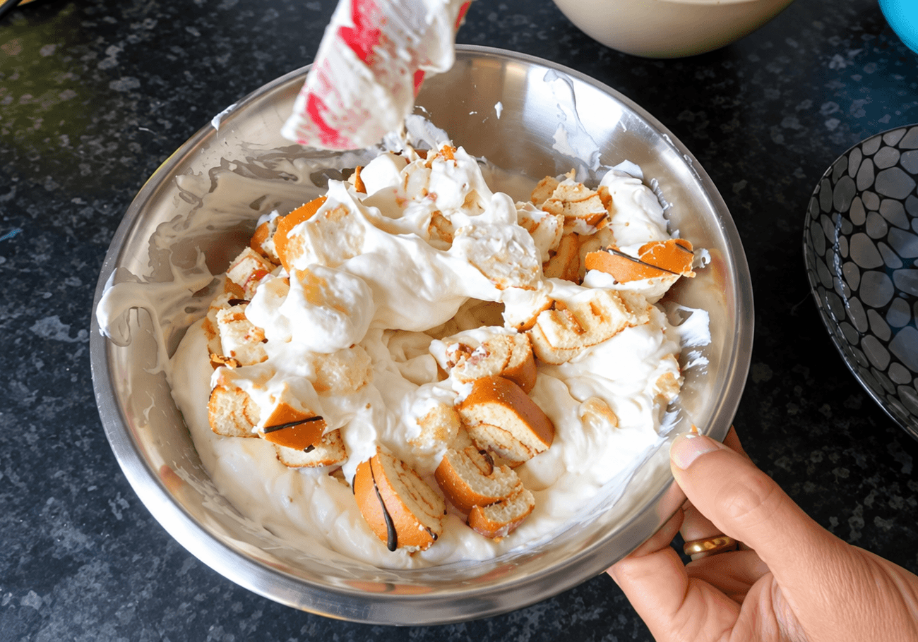 Swiss roll pieces folded into homemade banana pudding mixture