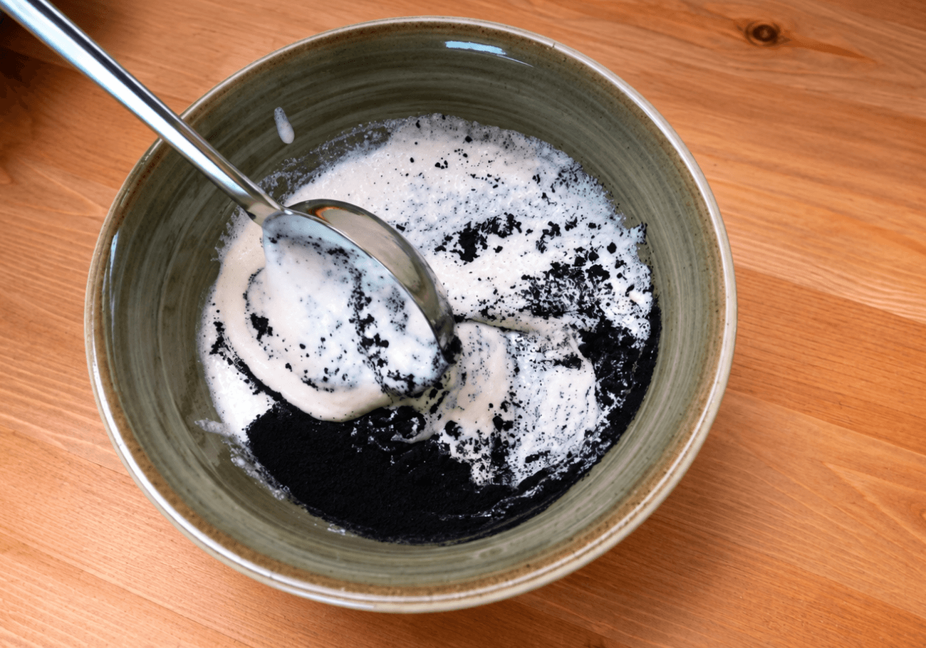 Edible charcoal mixed into fermented dosa batter for bubble waffle dosa