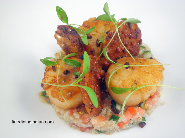 pan seared Scallop,orange and almond tuile, curry dressing, quinoa salad