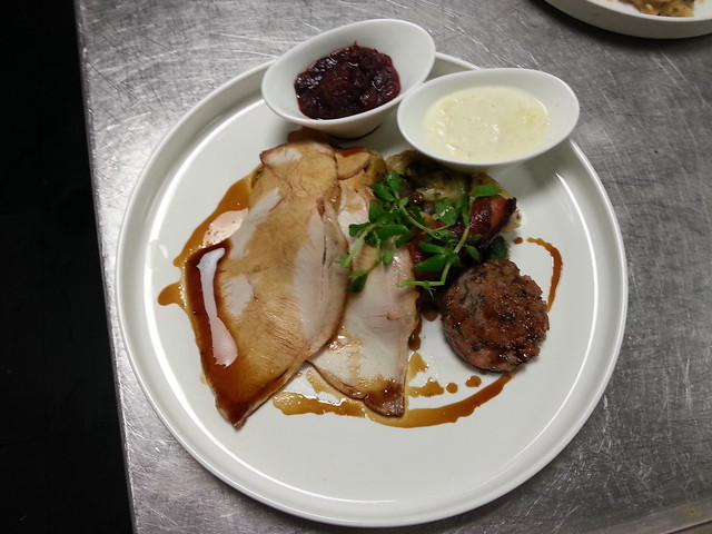 ROAST TURKEY, PIGS IN BLANKET, SAGE SAUSAGE STUFFING,BREAD SAUCE,CRANBERRY SAUCE AND TRIMMINGS