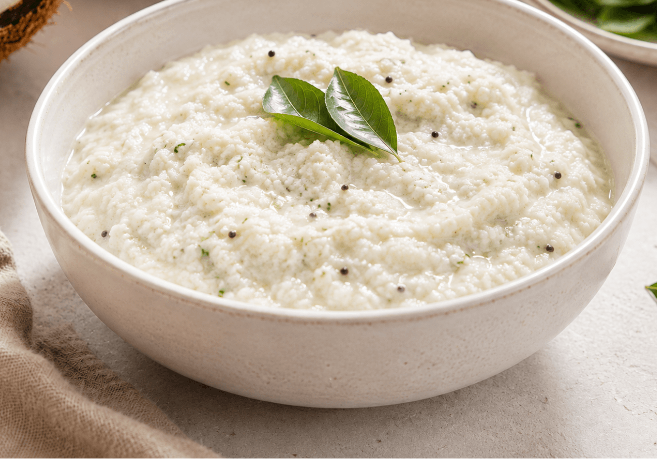 Coconut chutney recipe served in a bowl with curry leaves
