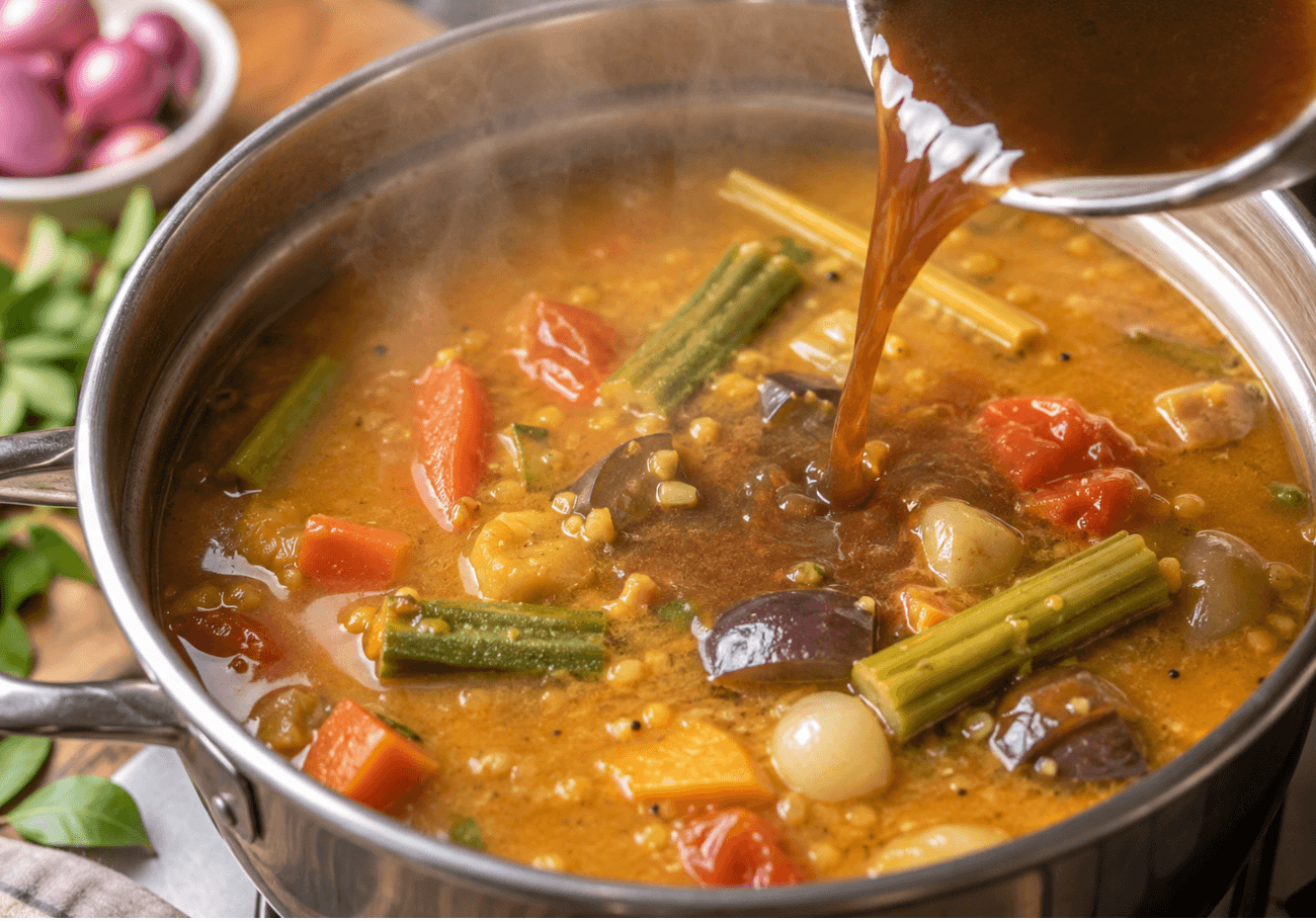 Tamarind juice added to homemade sambar recipe