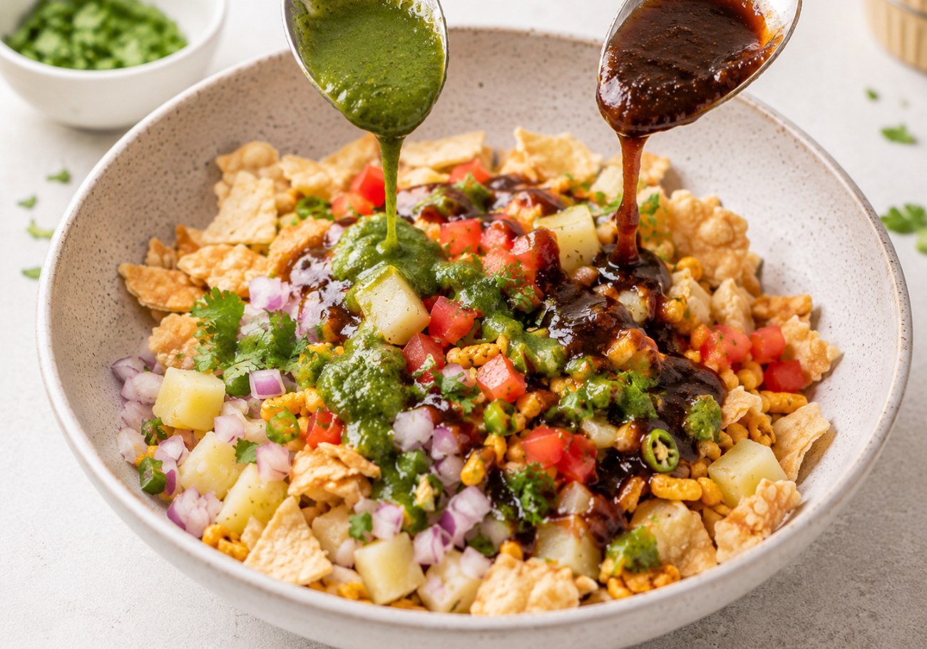 Mint and tamarind chutney added to bhel puri recipe