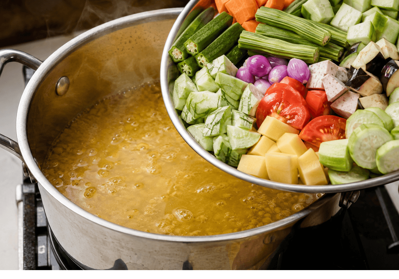 Mixed vegetables added to lentils for South Indian sambar recipe