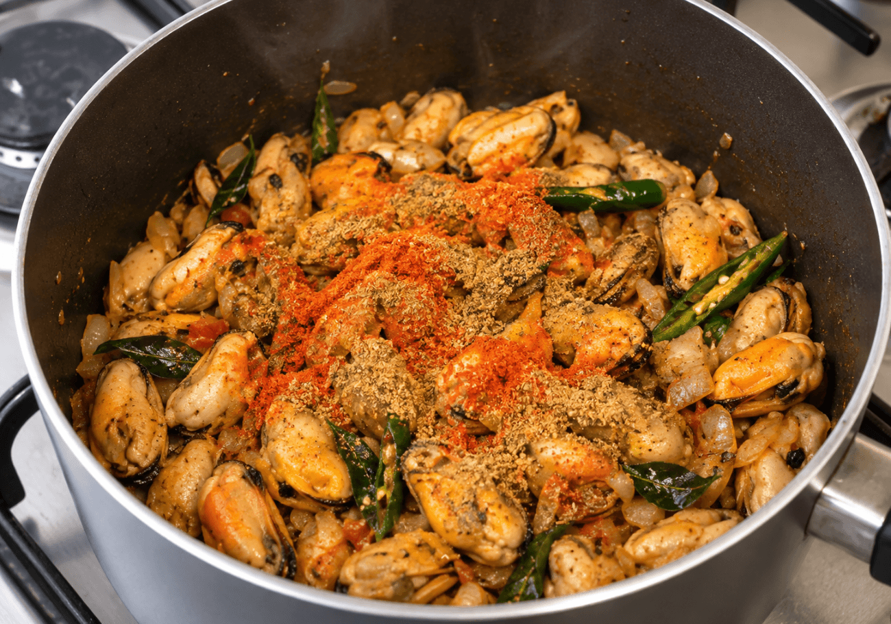 Mussels with chilli coriander and fennel spices for Kerala mussels curry