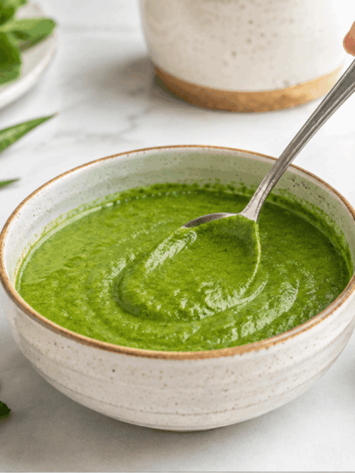 Smooth Indian mint chutney being seasoned with chaat masala