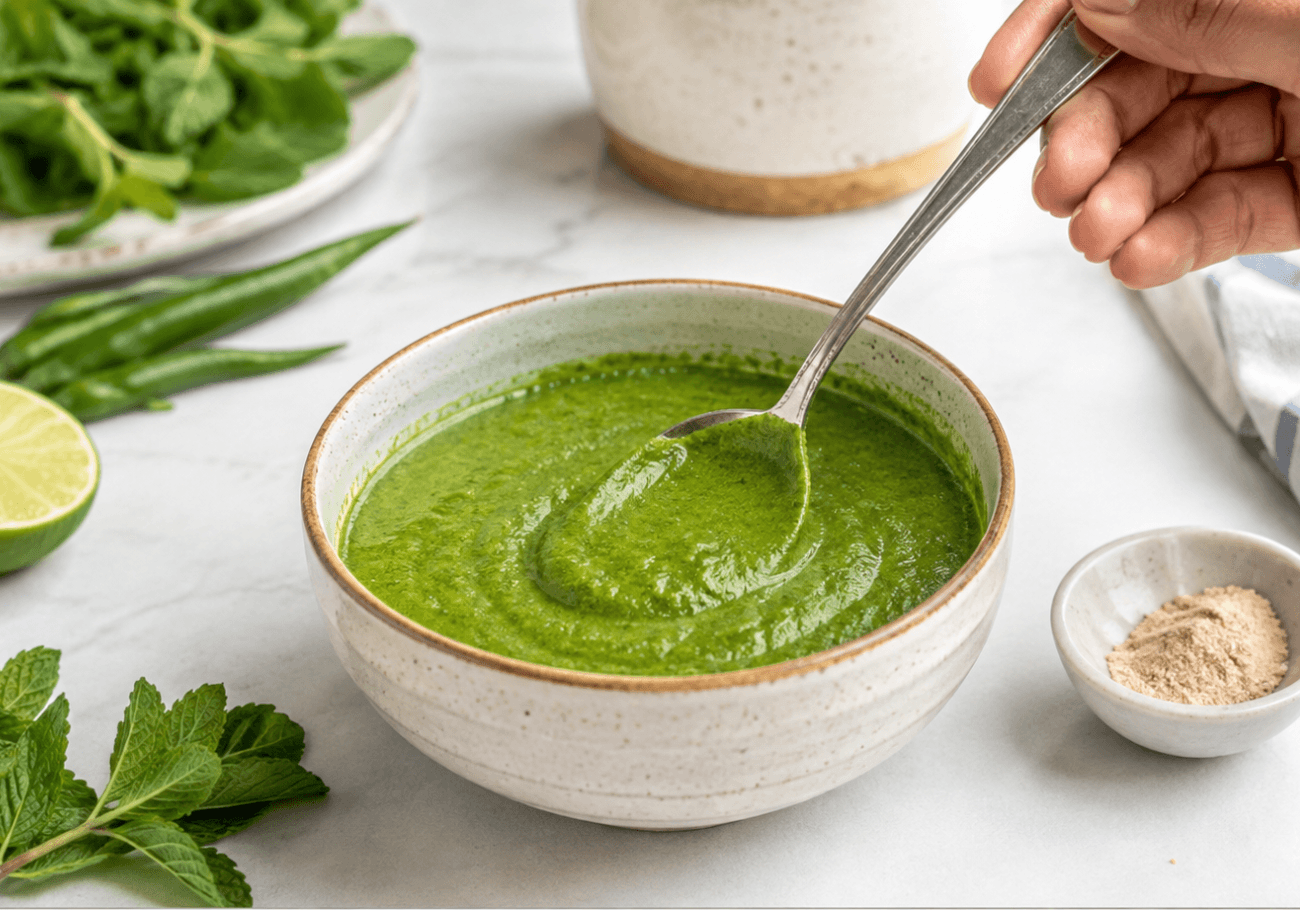 Smooth Indian mint chutney being seasoned with chaat masala