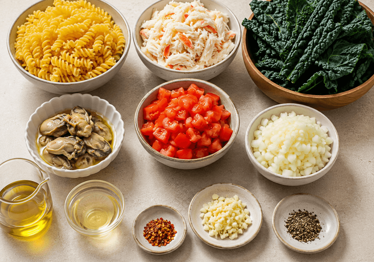Ingredients for gluten free crab and oyster pasta recipe