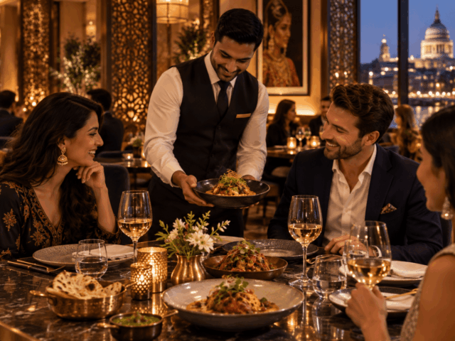 Waiter serving guests at an Indian fine dining restaurant in London