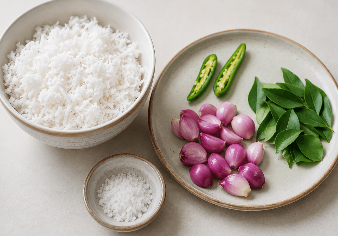 Ingredients for coconut chutney recipe with grated coconut, shallots, green chilli and curry leaves