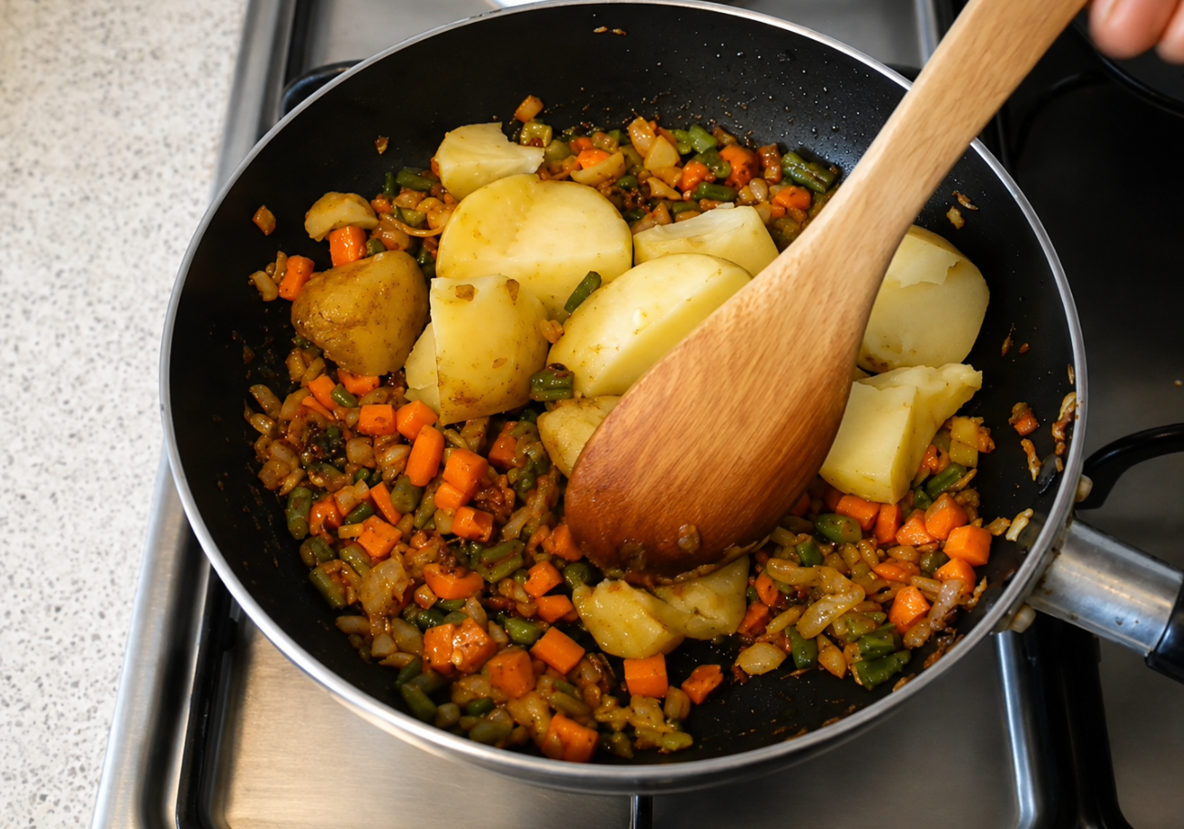 Mixed vegetables and potatoes cooking for vegetable tikki recipe