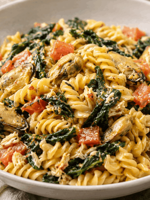 Crab pasta recipe with smoked oysters and Cavolo Nero