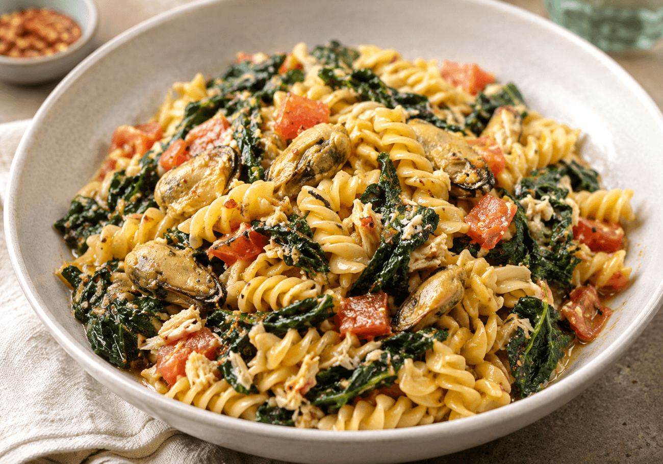 Crab pasta recipe with smoked oysters and Cavolo Nero
