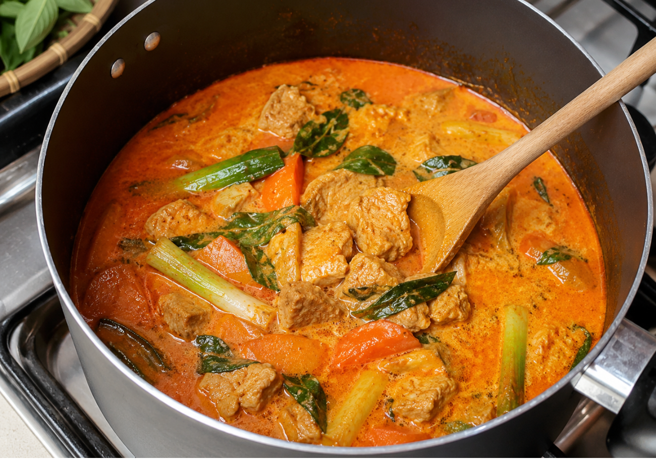 Coconut milk pork curry simmering with Thai basil and vegetables