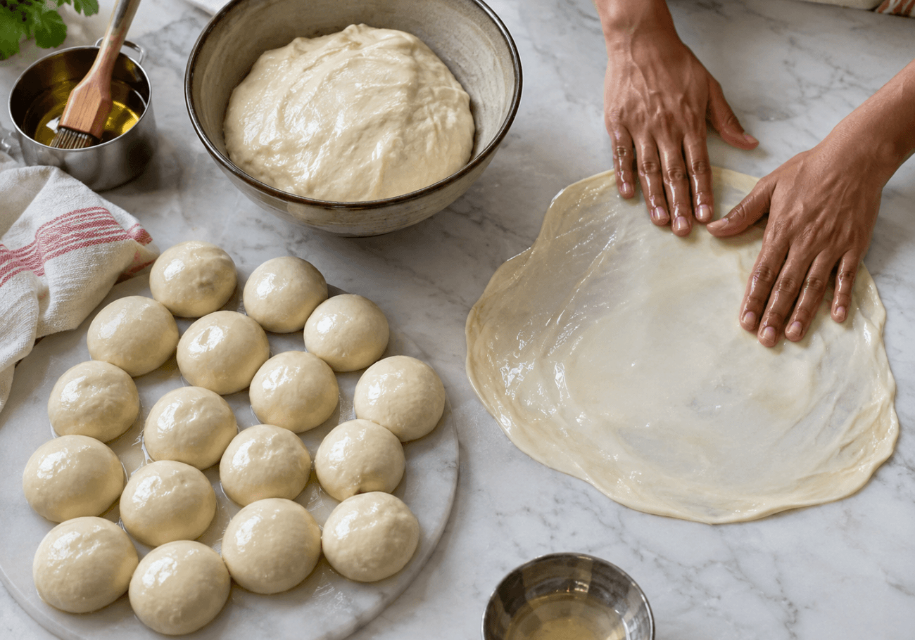 Kerala Malabar parotta dough balls and a thin dough sheet being stretched by hand on a marble surface.