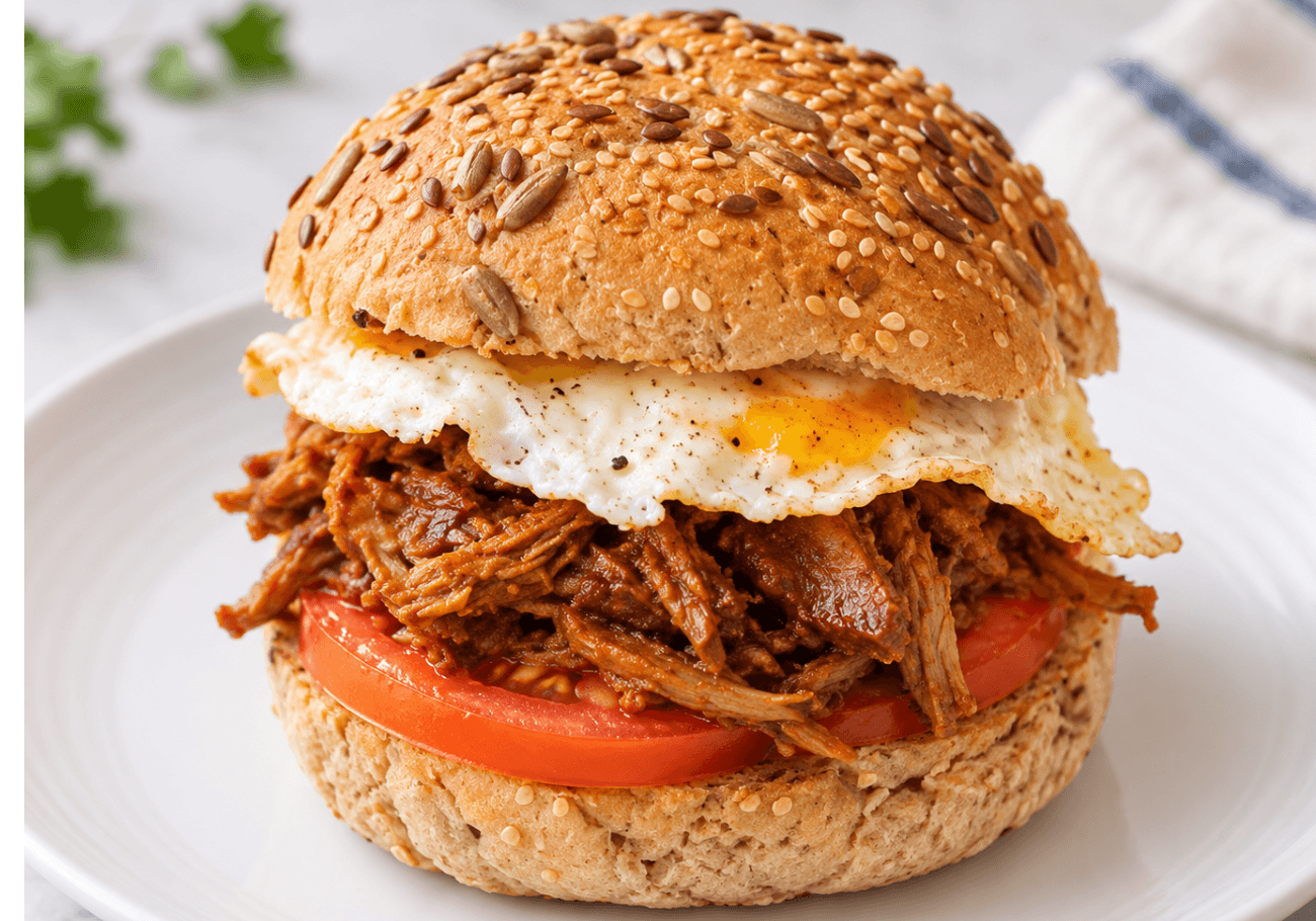 Leftover duck breakfast sandwich with fried egg tomato and seeded bread