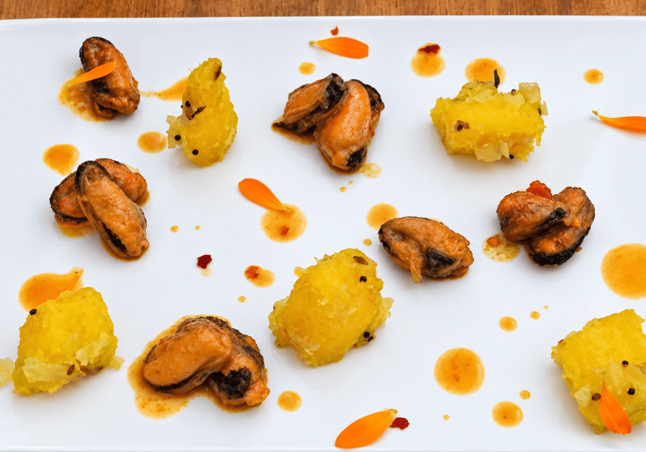 Kerala mussels curry recipe with tapioca and fine dining plating