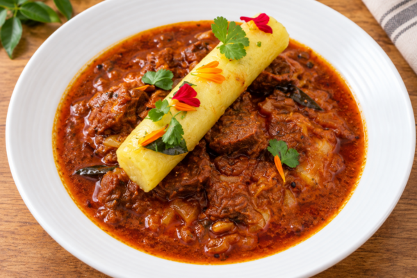Traditional Kerala beef curry recipe served with tapioca in fine dining style