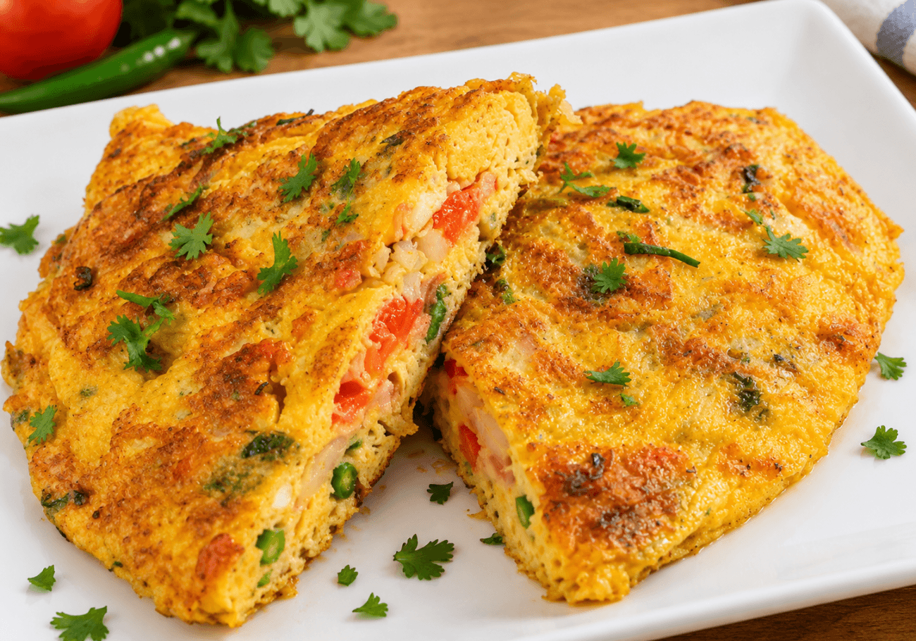 Indian masala omelette recipe with onion tomato green chilli and curry leaves