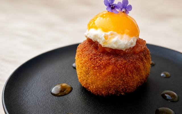 Vegetable tikki recipe with smoked tomato chutney and fried egg yolk