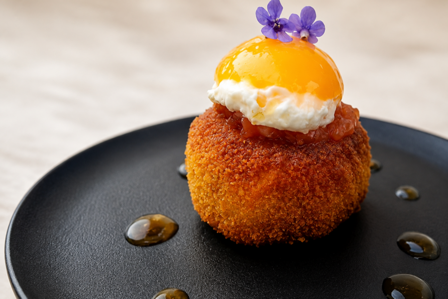 Vegetable tikki recipe with smoked tomato chutney and fried egg yolk