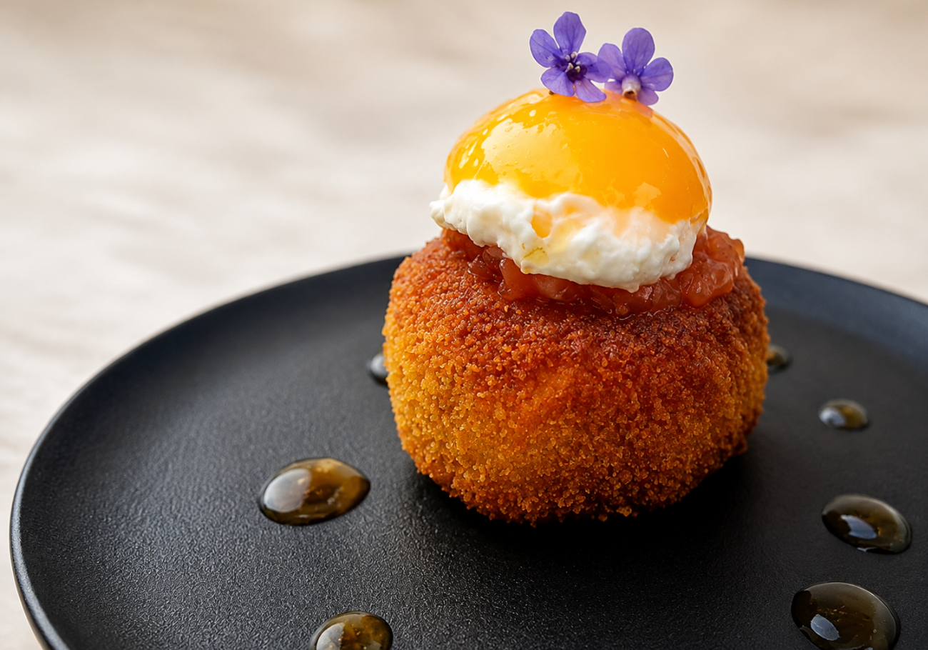 Vegetable tikki recipe with smoked tomato chutney and fried egg yolk