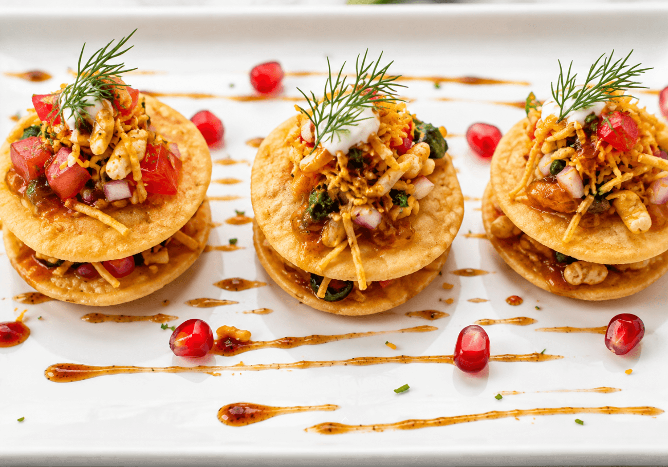Fine dining bhel puri recipe with crispy puri tamarind chutney yogurt and pomegranate